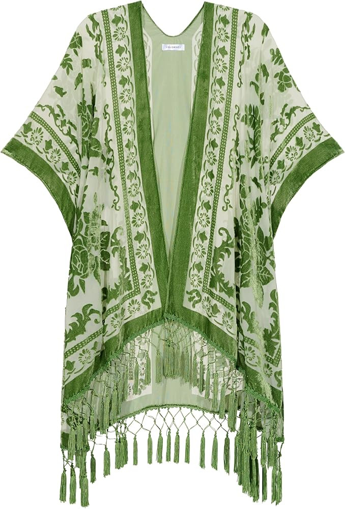 Long Velvet Kimono Cardigan for Women, Special Design Pattern Placement Printing Cover Up with Ta... | Amazon (US)
