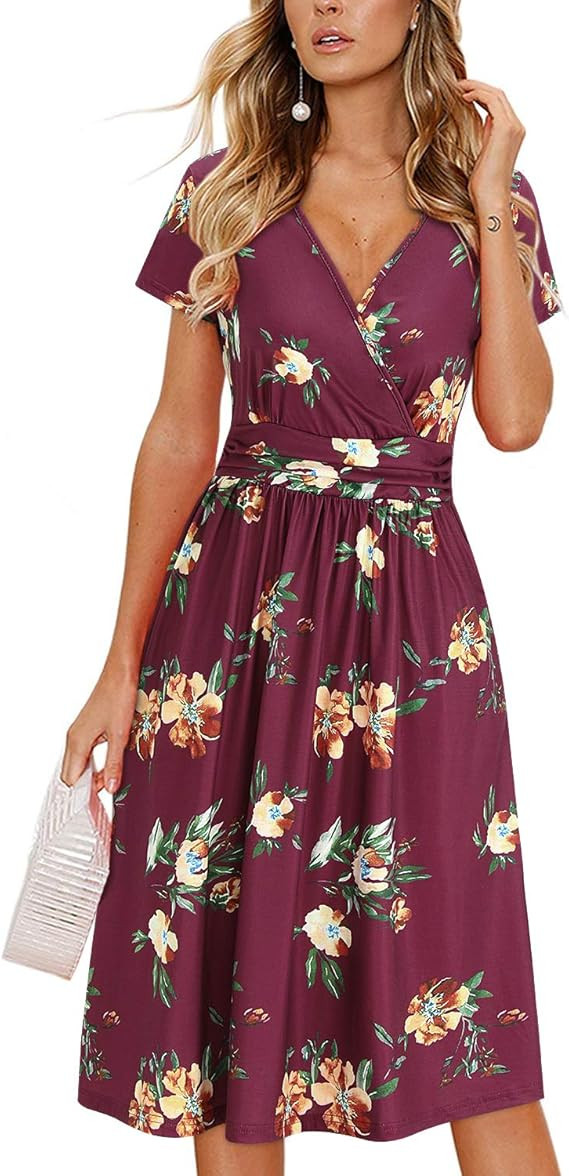 OUGES Women's Summer Short Sleeve V-Neck Floral Short Party Dress with Pockets | Amazon (US)