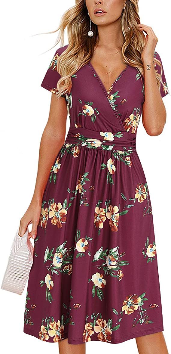 OUGES Women's Summer Short Sleeve V-Neck Floral Short Party Dress with Pockets | Amazon (US)