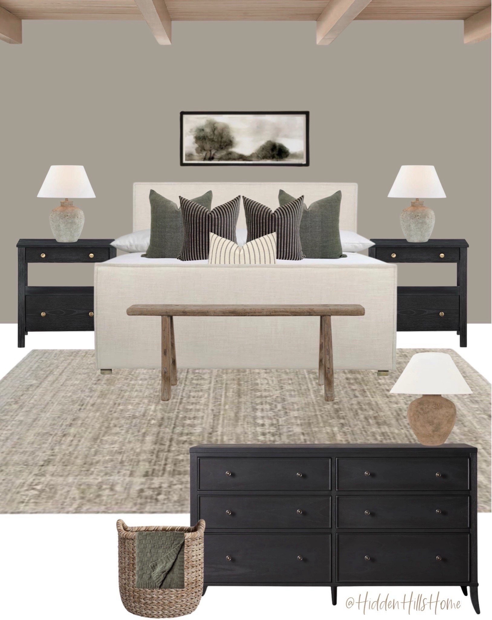 Modern classic master bedroom mood board, primary bedroom design inspiration, upholstered bed, black nightstands, dresser #bed




#LTKSaleAlert #LTKHome