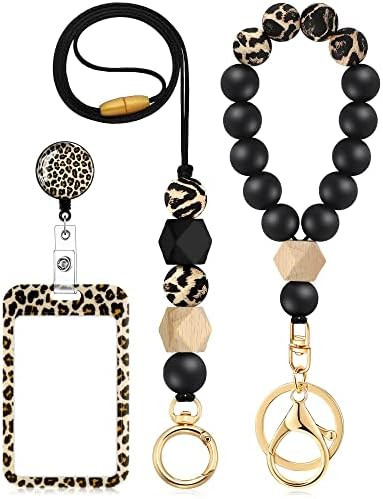 4 Pcs Teacher Lanyards for ID Badge and Key Leopard Print Lanyard Badge Holder Silicone Beaded Br... | Amazon (US)