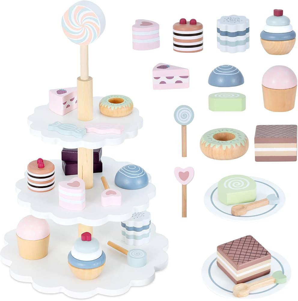 Wooden Tea Party Set for Little Girls, Ehome Princess Tea Time Toy Including Dessert Tray Cake, 2... | Amazon (US)