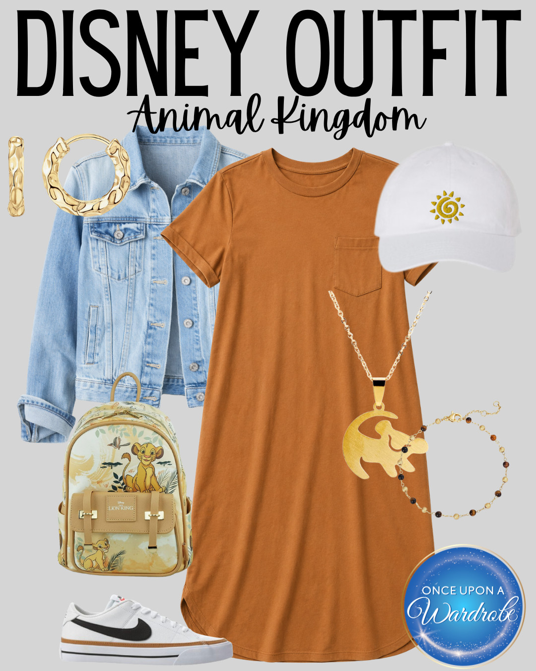 Animal Kingdom outfit idea with a subtle Lion King theme 🦁 This comfy t-shirt dress, denim jacket, white sneakers, Lion King backpack, and gold accessories would be so easy for a Disney park day, Kilimanjaro Safaris, Festival of the Lion King, or a casual Disney World vacation outfit. Linking the full look! 

 #LTKootd #LTKmomlife #LTKTravel