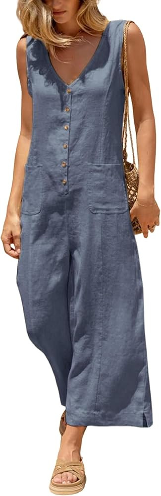 Yeokou Women Button Down Jumpsuits Cotton Linen Sleeveless Casual Wide Legs Rompers Loose Overall... | Amazon (US)