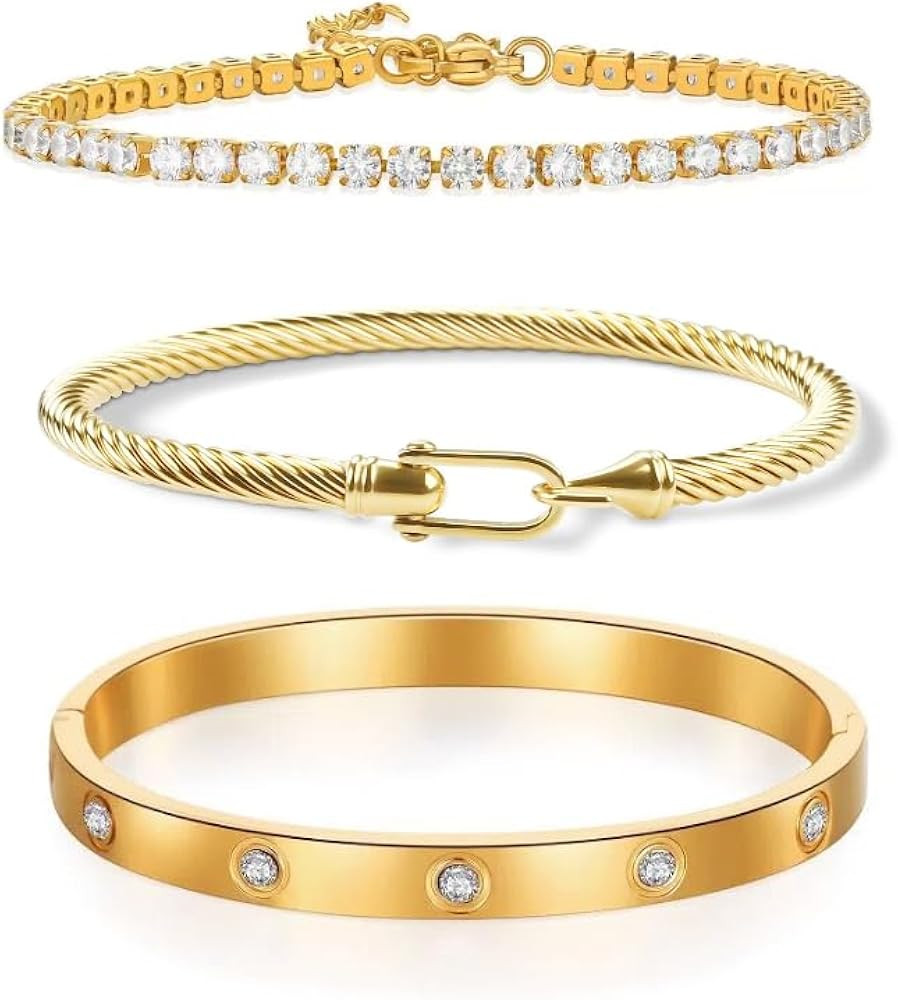 NEKVFO 18K Gold Plated Love Bracelet Set, Zircon Adjustable Bracelet Horseshoe Buckle Cable Brace... | Amazon (US)
