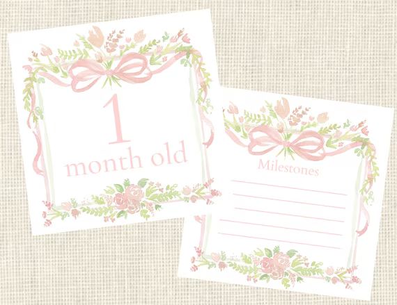 Watercolor Pink Baby Milestone Cards / Floral Crest / Gift / | Etsy | Etsy (US)