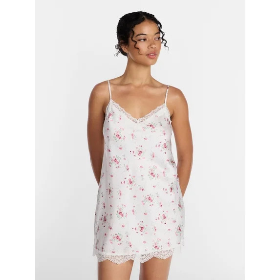 Joyspun Women's Lace Trim Stretch Satin Chemise, Sizes S-3X | Walmart (US)