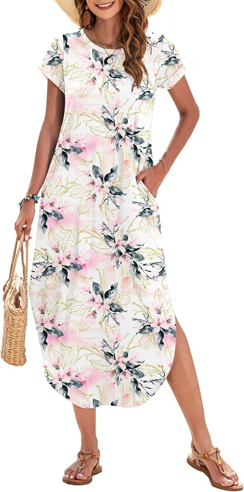 WNEEDU Womens Summer Dresses Casual Loose Short Sleeve Long T Shirt Dress Split Maxi Beach Sundre... | Amazon (US)