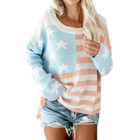 Dokotoo Womens Sky Blue Loose American Flag Sweater Long Sleeve Round Neck Knitted Pullover Sweaters | Walmart (US)