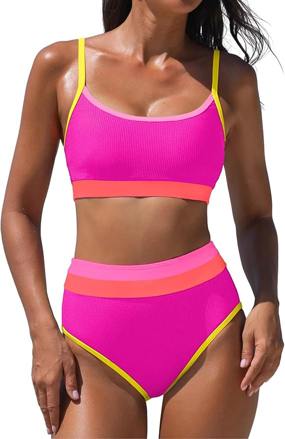 popvil Neon Two Piece Swimsuit for Women 2026 High Waisted Bikini Sets Sporty Ribbed Color Block ... | Amazon (US)