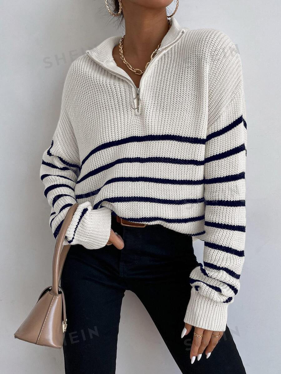 SHEIN Frenchy Striped Drop Shoulder Zipper Front Sweater | SHEIN