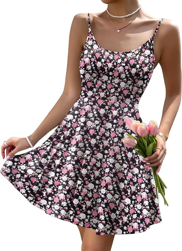 HOTOUCH Women's Summer Dress Adjustable Spaghetti Strap Floral Mini Casual Dress with Pockets Fit... | Amazon (US)