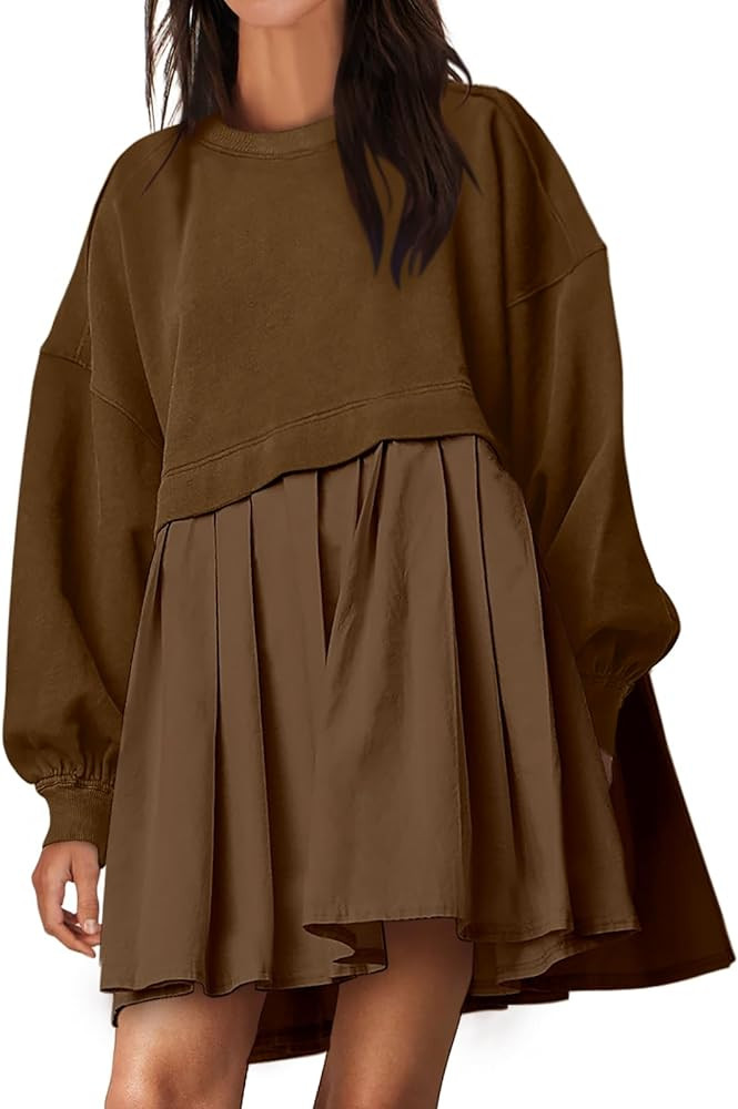 ANRABESS Women Oversized Sweatshirts Hoodie Dress Long Sleeve Crewneck Casual Baggy Patchwork Ple... | Amazon (US)