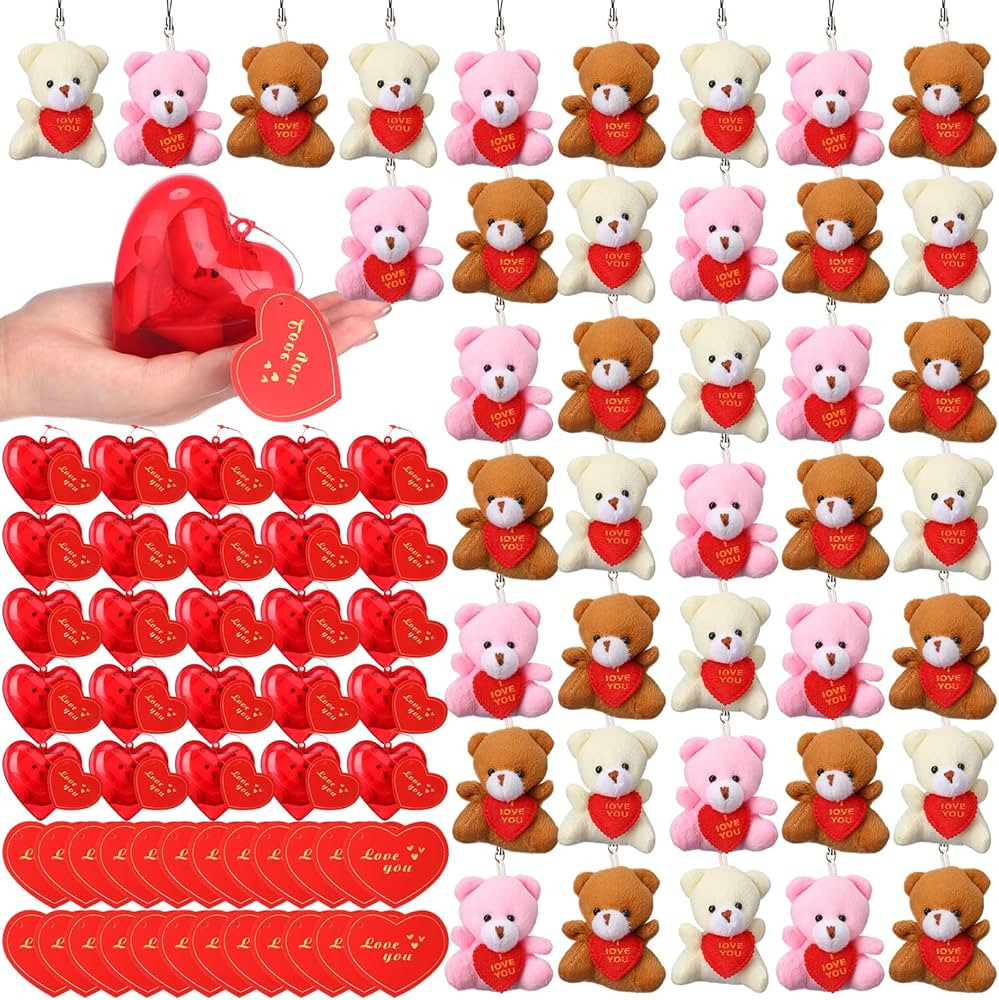 48 Pack Valentine's Day Gift Bears in Bulk Party Favors Mini Animal Plush Toy with Heart Shape Bo... | Amazon (US)
