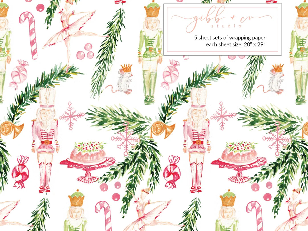 Nutcracker Christmas Wrapping Paper, Nutcracker Christmas Gift Wrap, Pink, Green, Decorative, Hol... | Etsy (US)