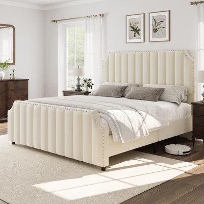 King Size Velvet Bed Frame, Vertical Channel Tufted Headboard & Footboard, Wooden Slats Support, No Box Spring Needed, Easy Assembly | Target