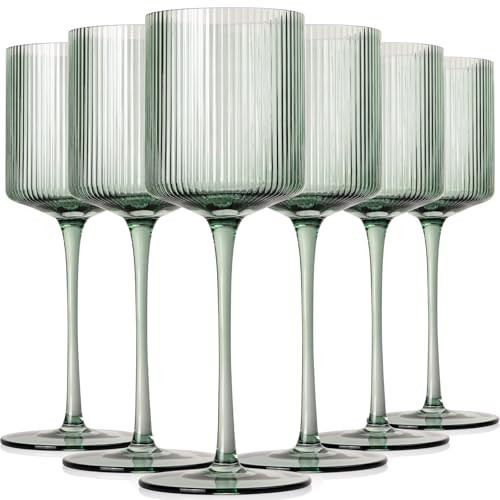 Sage Green Square Wine Glasses Set of 6, Elegant Ribbed Design Green Crystal Glassware with Long Stem, 11.5oz Hand Blown Red & White Wine Stemware For Home Dinner Party Wedding Housewarming Gift | Amazon (US)