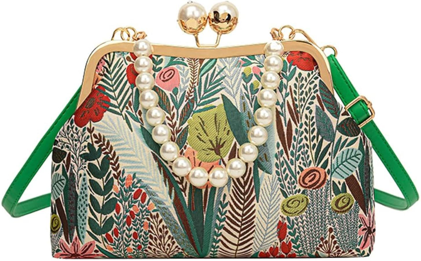 Amazon.com: Vintage Embroidered Flower Handbag Retro Pearl Chain Crossbody Bag Clutch Kiss Lock T... | Amazon (US)
