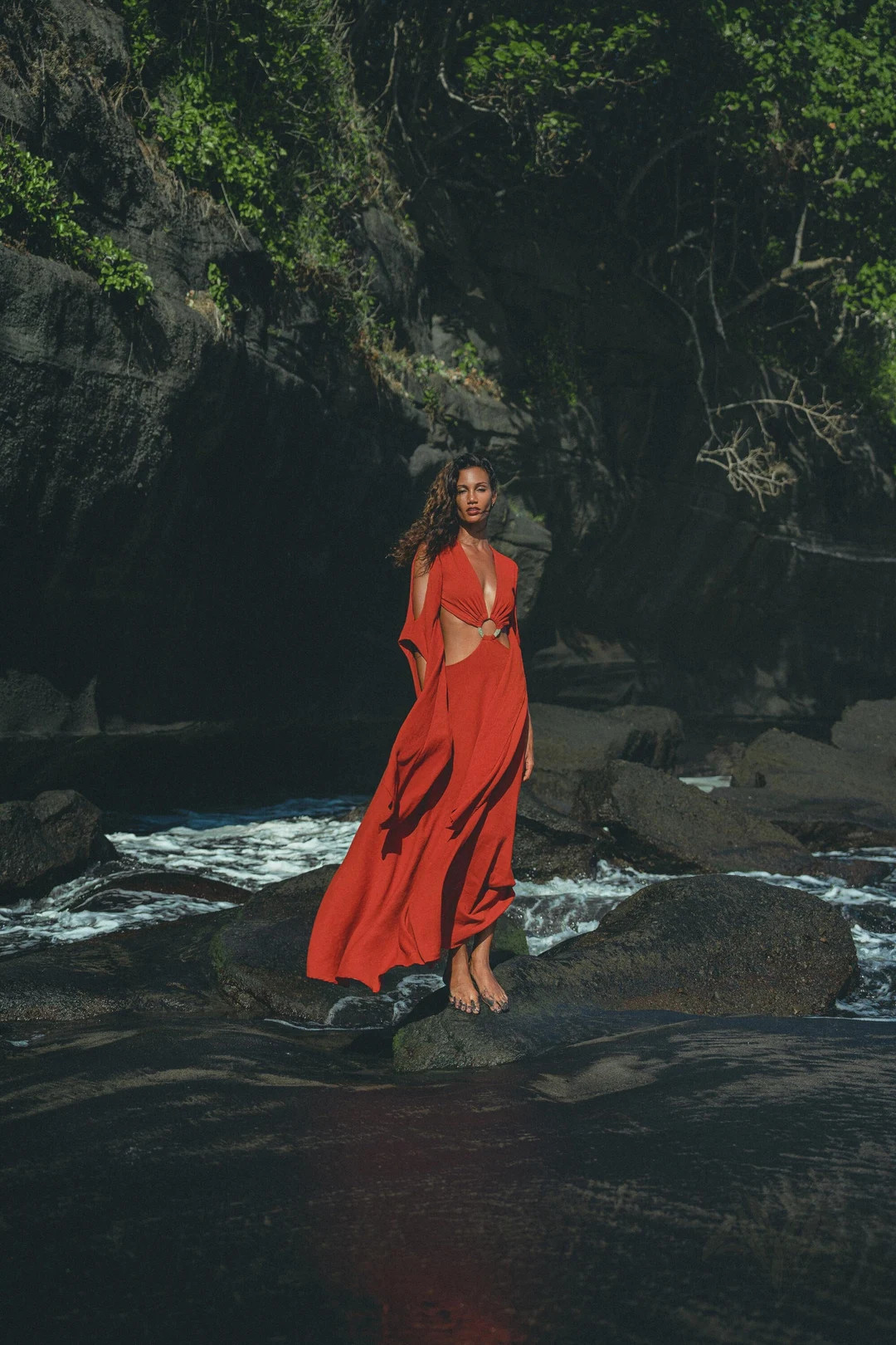 Red Rose Greek Goddess Dress Boho Bridesmaid Dress Bell Sleeves Dress Open Belly With Copper Ring... | Etsy (US)
