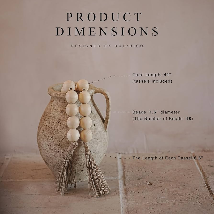 Extra Large Wood Bead Garland with 1.6" Diameter Wood Beads, Wooden Beads Garland with Tassels, D... | Amazon (US)