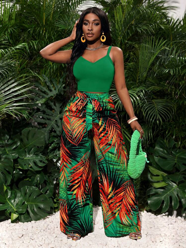 Slaydiva 2pcs Casual Holiday Elastic Camisole Top And Loose Printed Wide Leg Pants Set - Women | SHEIN