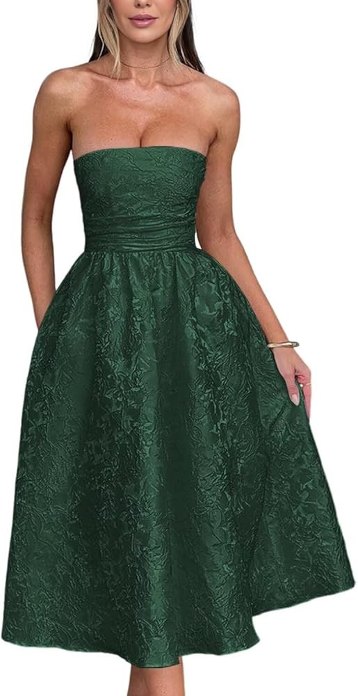 Summer Strapless Jacquard Floral Tulle Homecoming Dresses with Pockets Corset A Line Midi Cocktai... | Amazon (US)