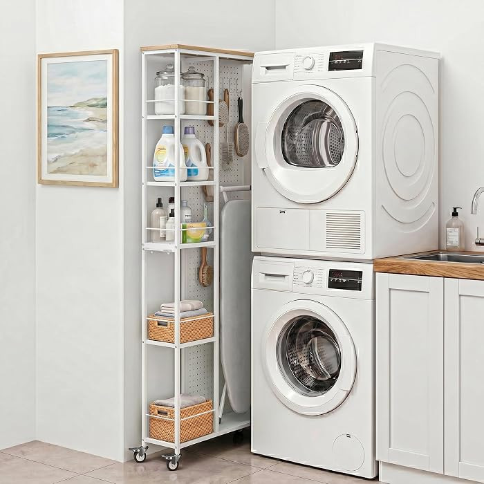 8.3" W Slim Utility Storage Cart, Laundry Cart with Wheels, 5-Tier Storage Shelf & Pegboard, Meta... | Amazon (US)