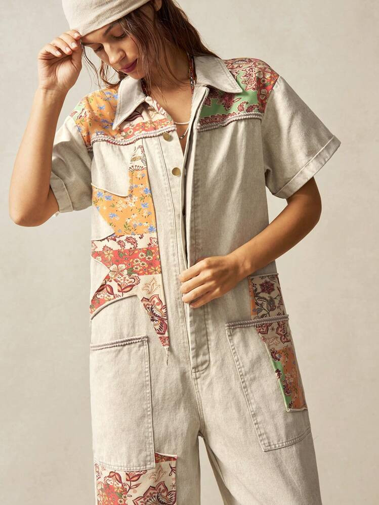 Bohemela BOHO Western Cowgirl Style Music Festival Floral Patchwork Woven Women's Jumpsuit | SHEIN