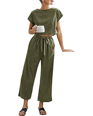 Eurivicy Women's 2 Piece Outfits Casual Short Sleeve Crop Top and Pocketed Wide Leg Pants with Be... | Amazon (US)