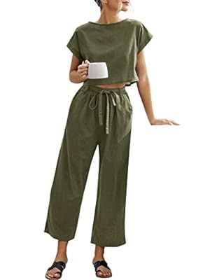 Eurivicy Women's 2 Piece Outfits Casual Short Sleeve Crop Top and Pocketed Wide Leg Pants with Be... | Amazon (US)