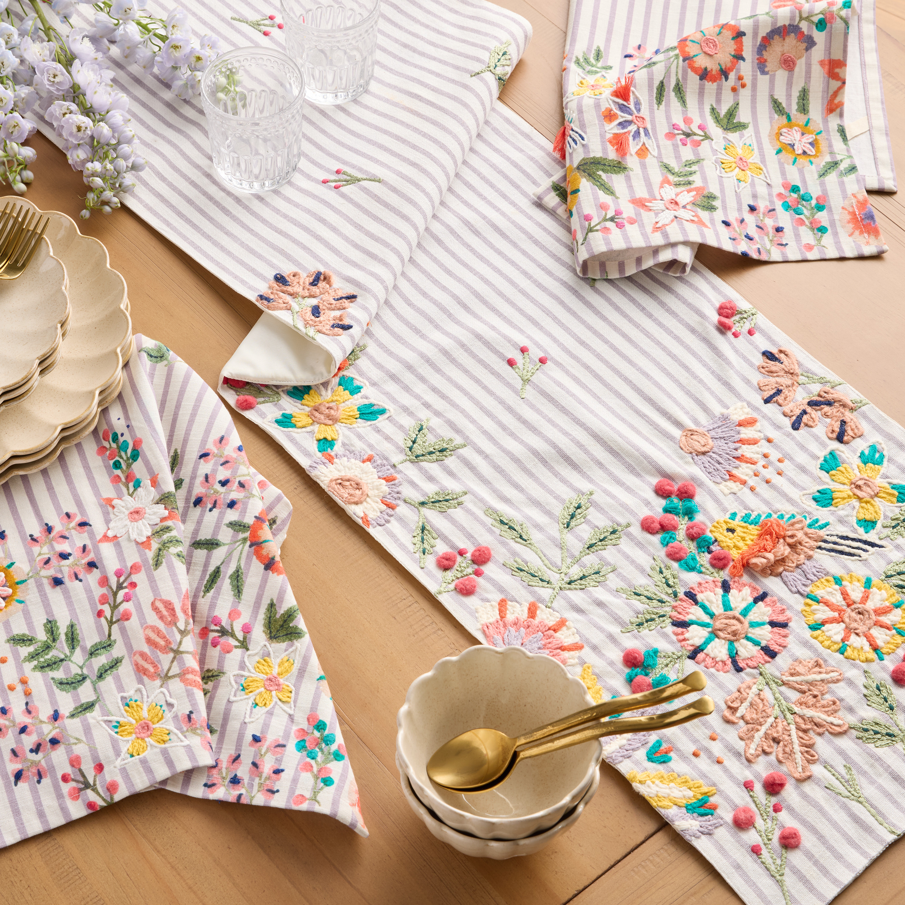 Lilac and Ivory Stripe Floral Embroidered Table Linen Collection | World Market