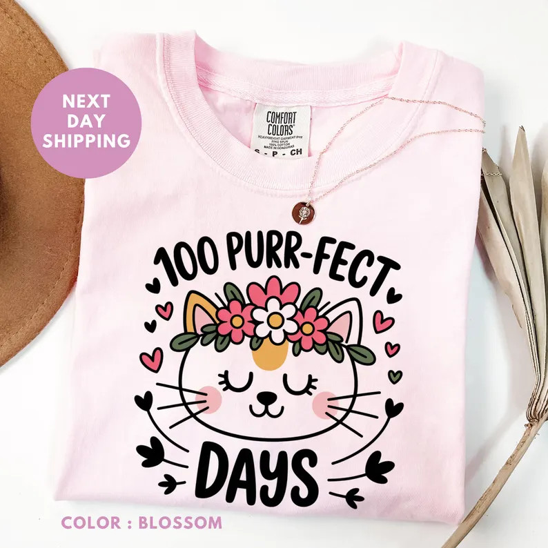 Comfort Colors® 100 Purr-fect Days T-shirt, Cute Cat 100th Day of School Shirt, 100 Days of Scho... | Etsy (US)