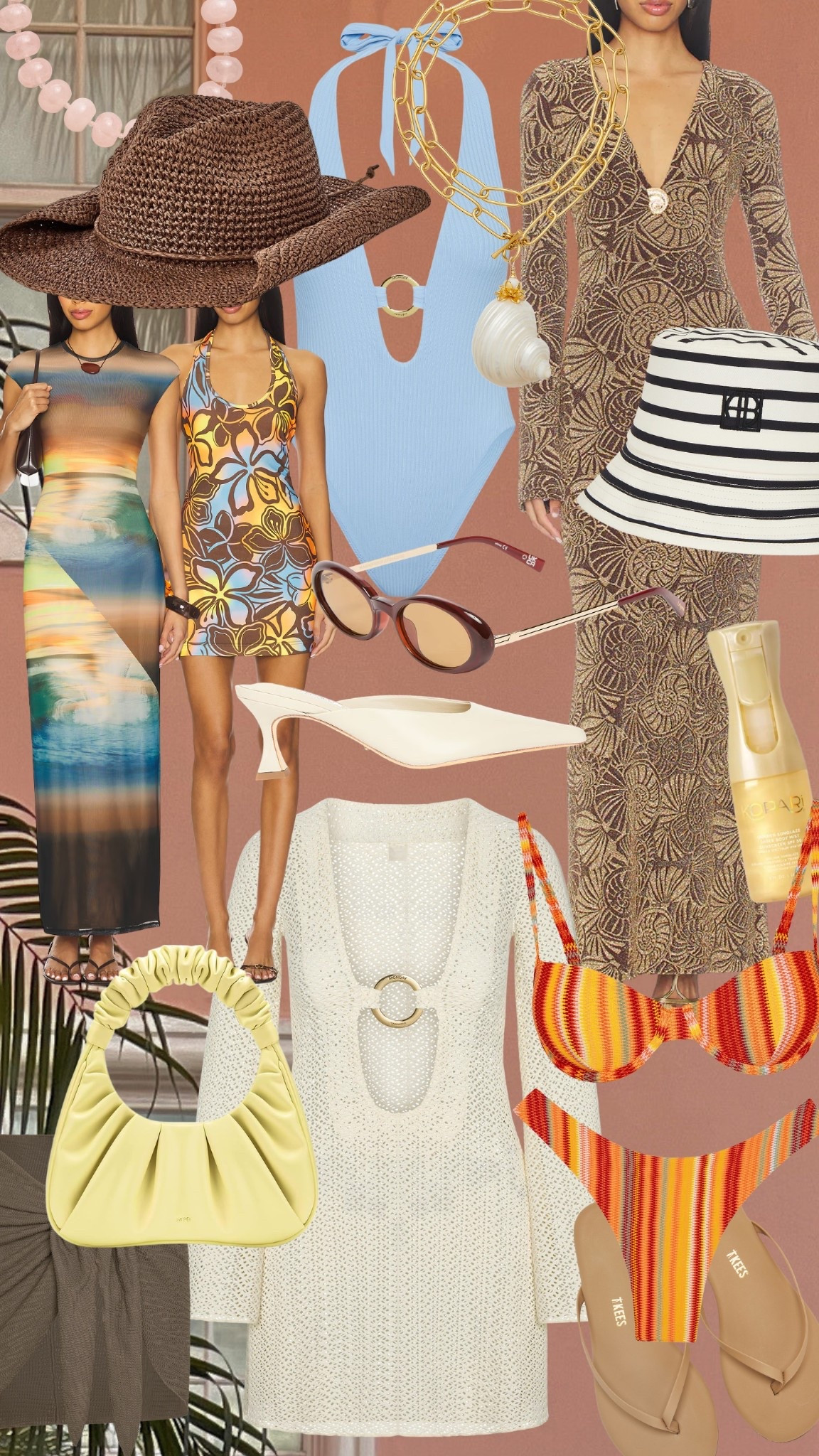 Vacation warmer weather style! Bought this striped hat, orange swimsuit, cream knit swim coverup and brown shell dress for an upcoming trip I have. Love the pops of color! 

#vacation #pregnant #girlstrip #revolve #mondayswimwear 