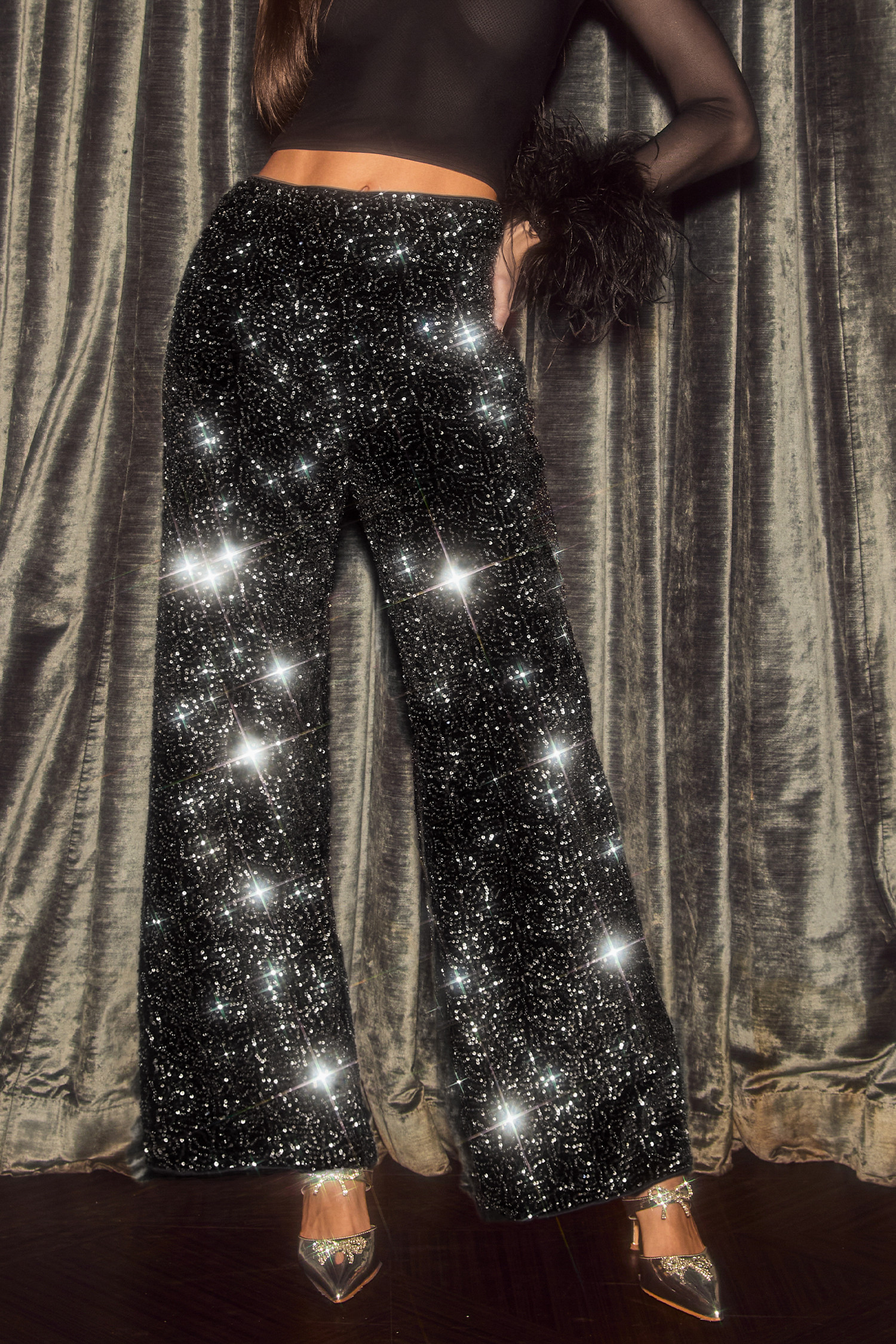 NewBlack Sequins Wide Leg Pants | Cupshe US