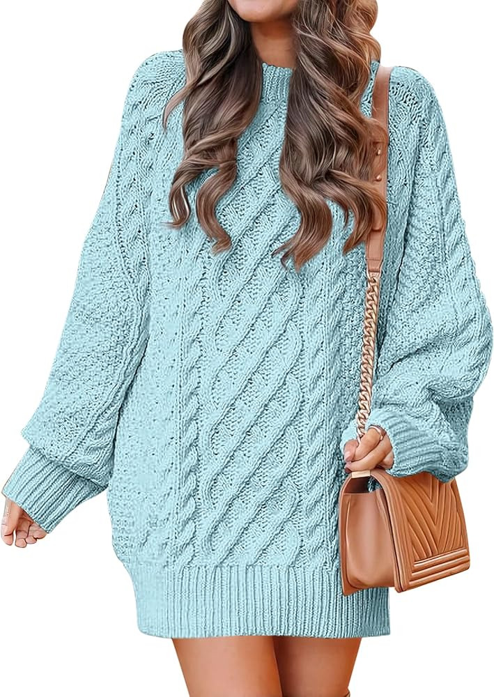 ANRABESS Women Crewneck Long Sleeve Oversized Cable Knit Chunky Pullover Short Sweater Dresses | Amazon (US)