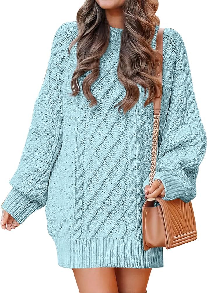 ANRABESS Women Crewneck Long Sleeve Oversized Cable Knit Chunky Pullover Short Sweater Dresses | Amazon (US)