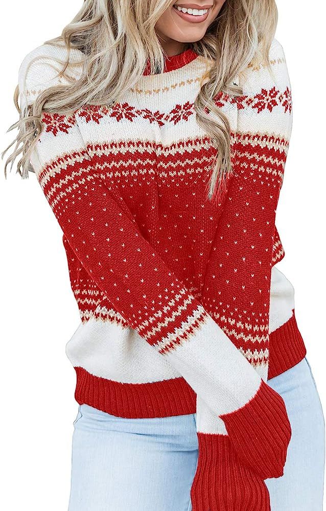 Maolijer Women Casual Pullover Knitted Crewneck Ugly Christmas Reindeer Sweater Jumper Tops | Amazon (US)
