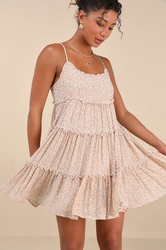 Sitting in the Sun Ivory Floral Print Ruffled Babydoll Dress | Lulus