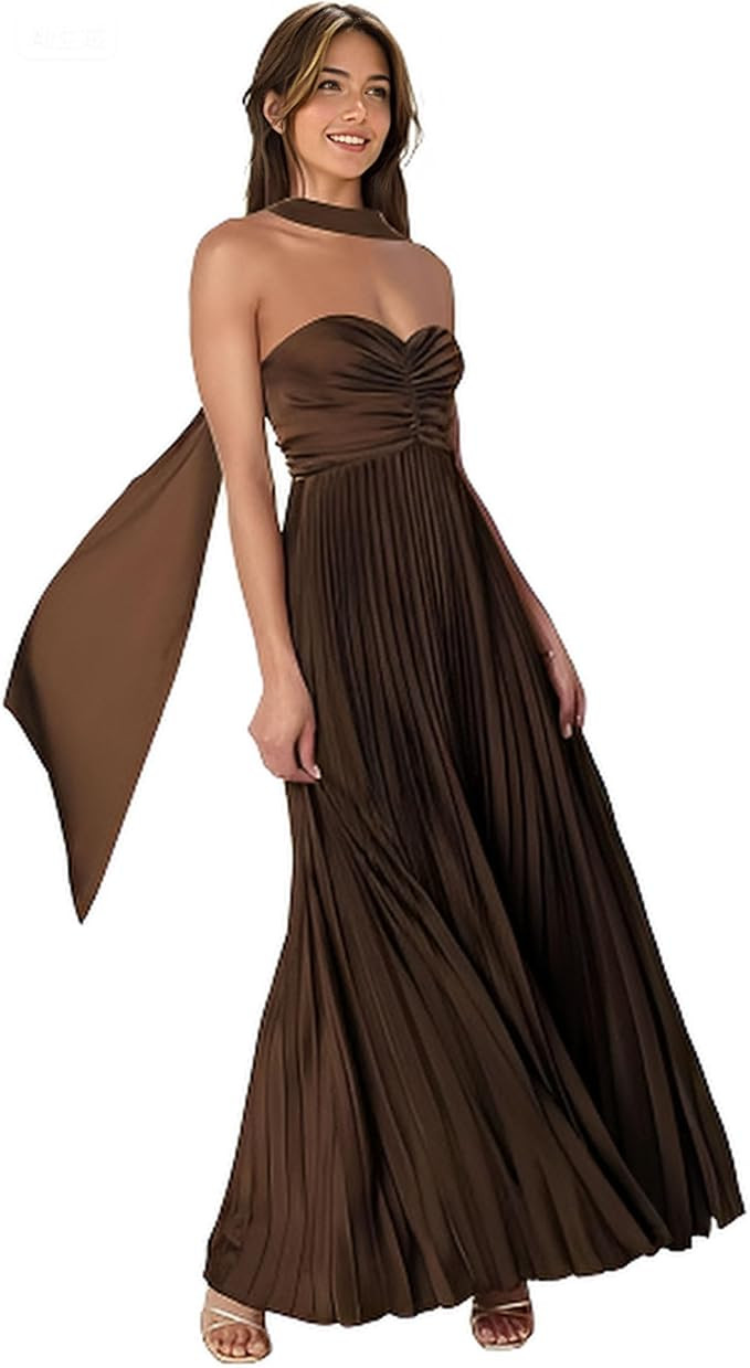 Women Bridesmaid Dress with Scarf Strapless Pleated Satin Flowy Formal Evening Gown Maxi Dresses | Amazon (US)