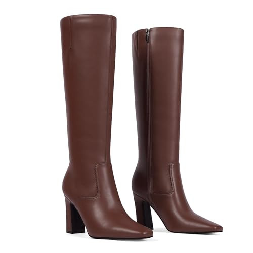 Easyfox Brown Boots for Women Square Toe Leather Knee High Boots Chunky Heel Tall Long Boot Dress Block Heel Brown Calf High Boot 2025 Size 8 | Amazon (US)