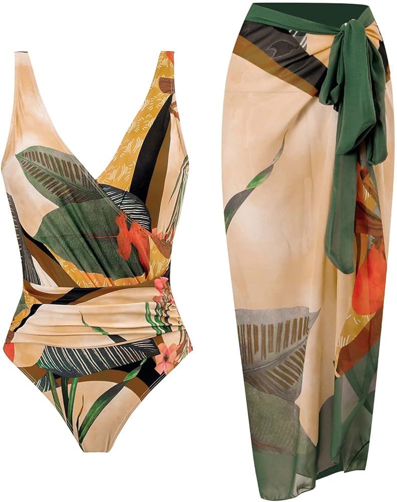 Womens Bikini Set 2 Piece Boho Vintage Print Halter Tummy Control Strappy Swimsuits with Bikini Maxi Wrap Skirt | Amazon (US)