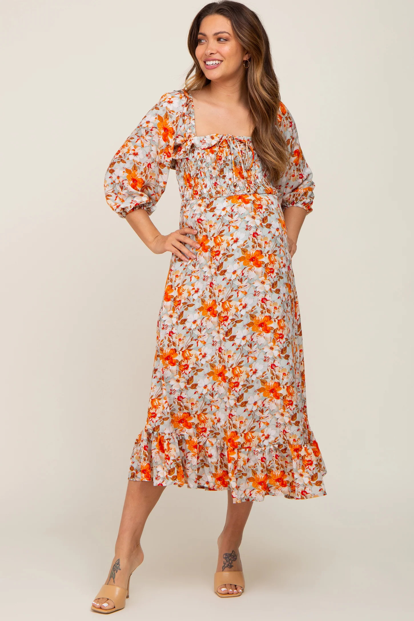 Light Blue Floral Ruffle Square Neck Smocked Front Tie Maternity Midi Dress | PinkBlush Maternity