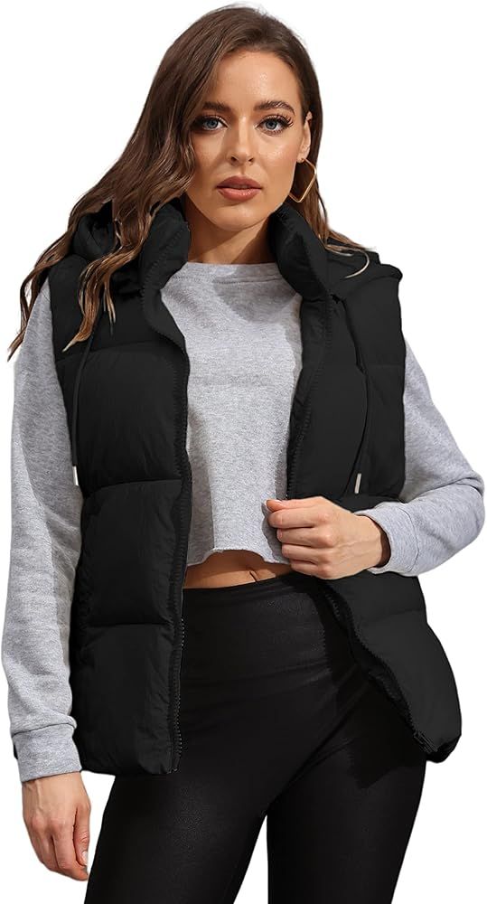 Tanming Black Puffer Vest Women Zip Up Lightweight Sleeveless Winter Outerwear Vests with Hood | Amazon (US)