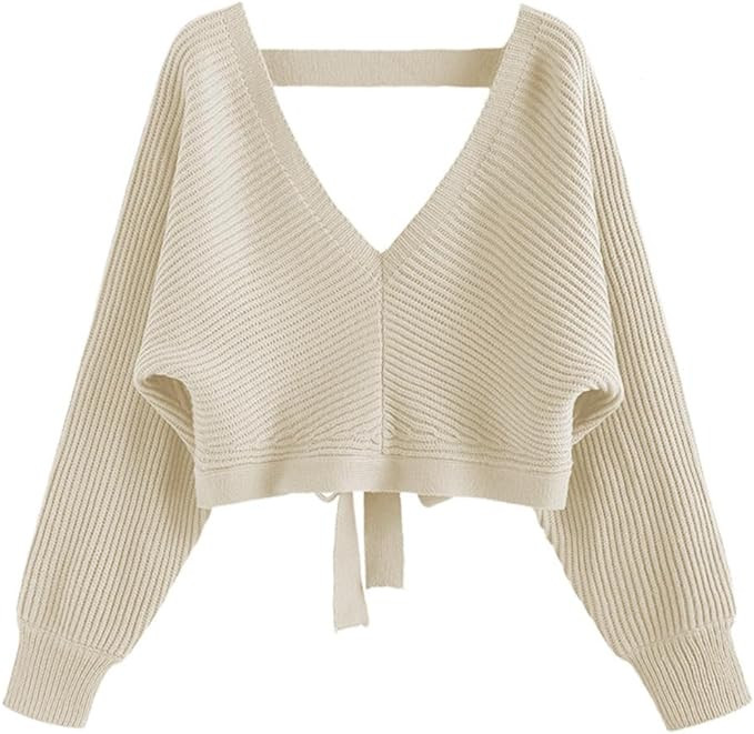 ZAFUL Women's V Neck Cropped Sweater Ribbed Knit Pullover Tops Sexy Drop Shoulder Jumpers | Amazon (US)