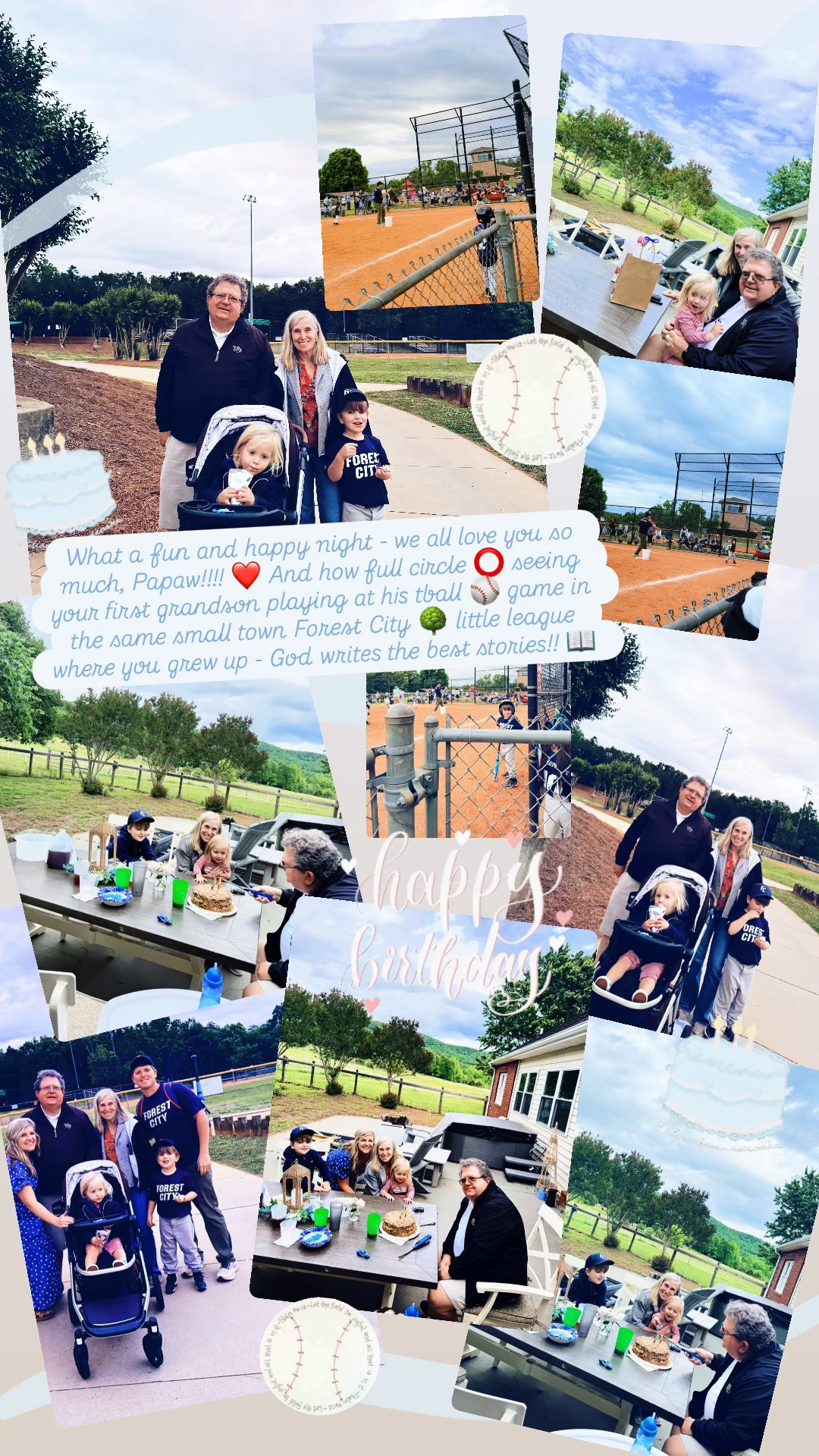 What a fun and happy night - we all love you so much, Papaw!!!! ❤️ And how full circle ⭕️ seeing your first grandson playing at his tball ⚾️ game in the same small town Forest City 🌳 little league where you grew up playing - God writes the best stories!! 📖