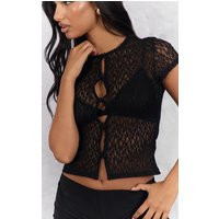 Black Lace Short Sleeve Button Up Top | PrettyLittleThing US