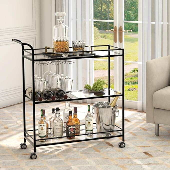 Black Bar Cart, Home Bar Serving Cart with Handle, Wine Cart with 3-Tier Glass Shelves, Beverage ... | Amazon (US)
