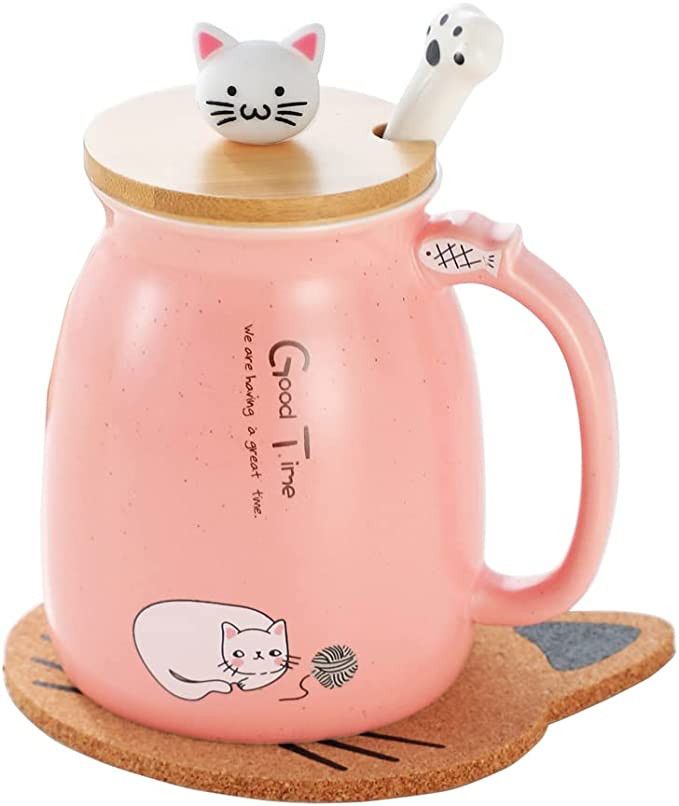 Katzen-Tasse Süße Keramik Kaffeetasse mit deckel,Edelstahl Löffel, Neuheit Morgen Cup Tee Milc... | Amazon (DE)