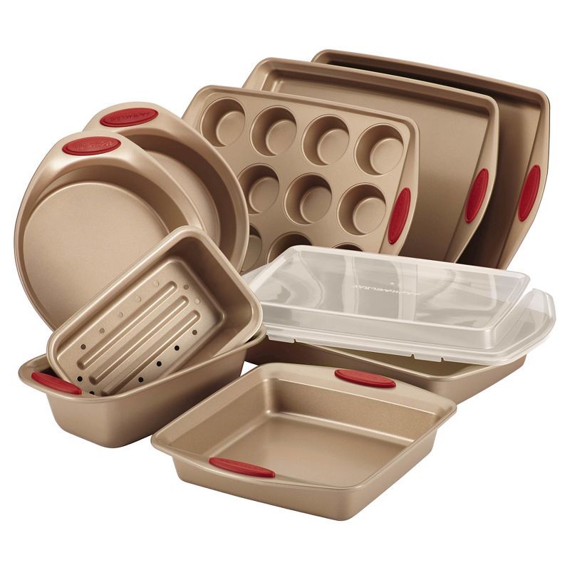 Rachael Ray 10 Piece Nonstick Bakeware Set with Handle Grips - Latte Brown with Cranberry Red | Target