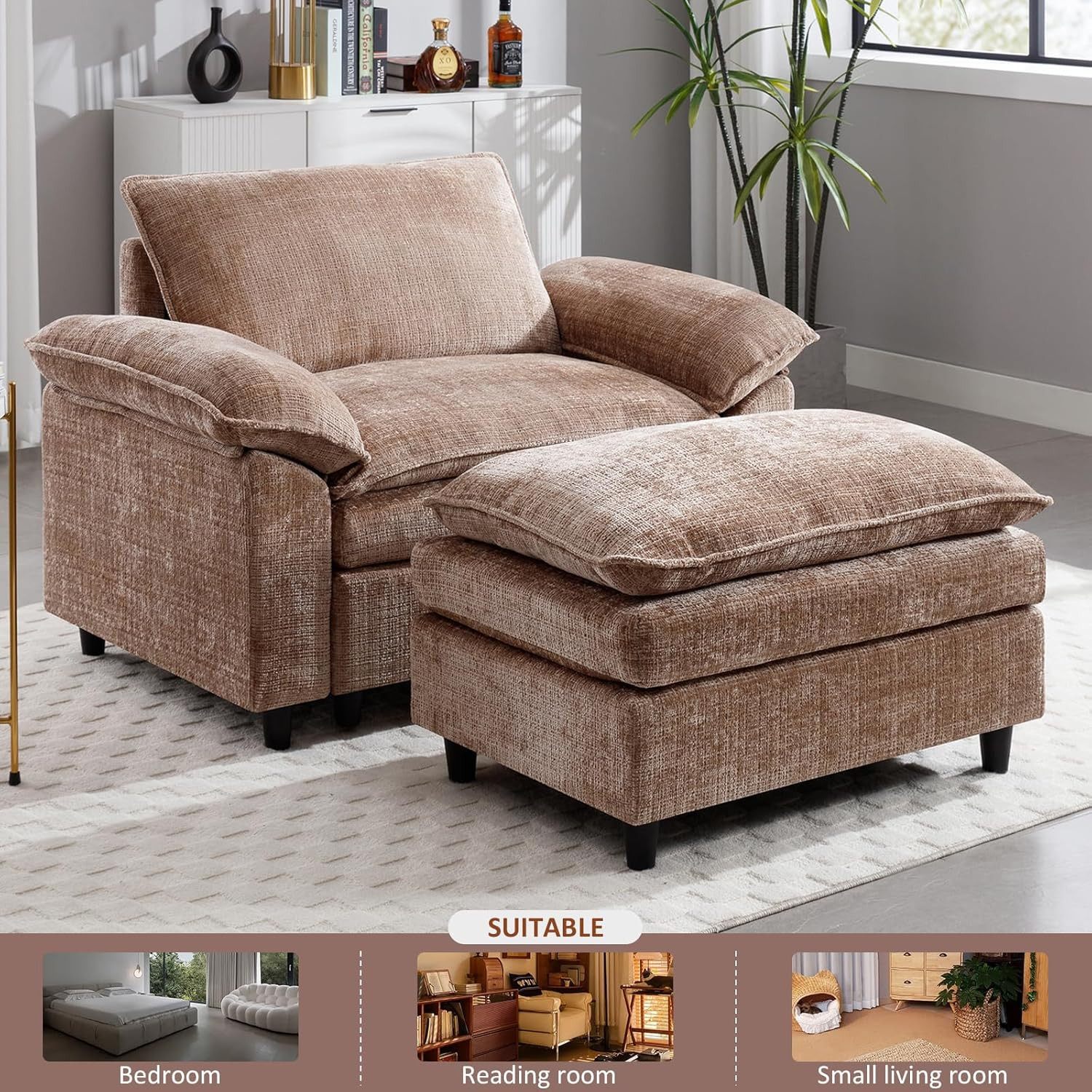 Modern Chenille Upholstered Reading Chair, 52" Oversized Lounge Chair with Ottoman, Single Sofa A... | Amazon (US)